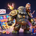 Engage with HHBD gaming magic featuring a golem guardian, fairy, and hamster knight amidst casino elements.