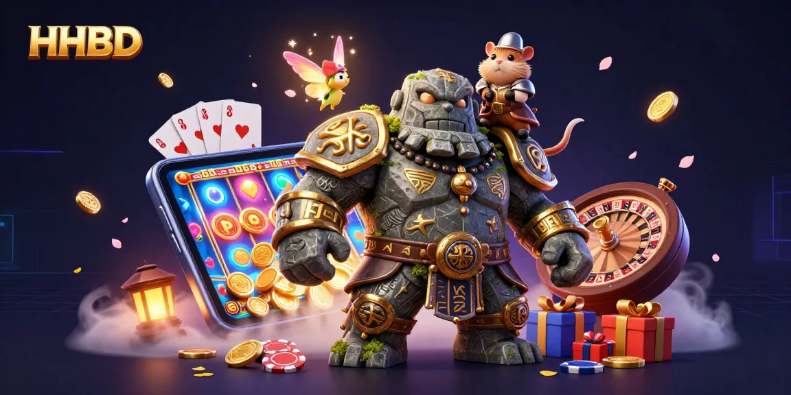 Engage with HHBD gaming magic featuring a golem guardian, fairy, and hamster knight amidst casino elements.