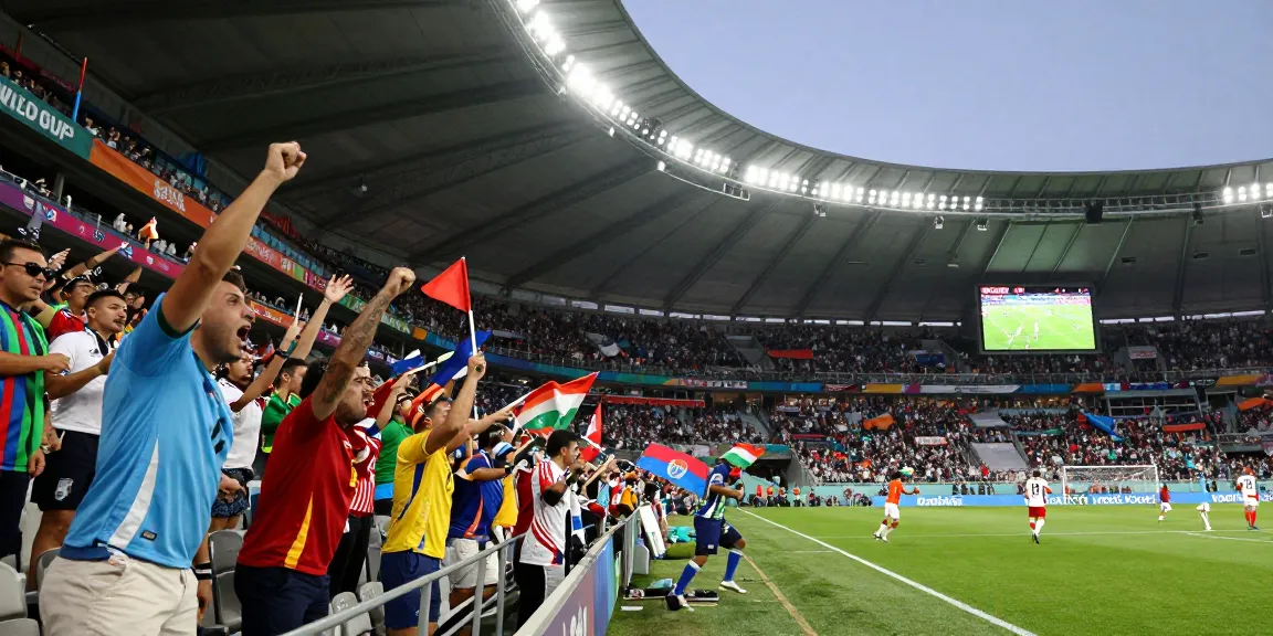 Suasana pertandingan Piala Dunia 2026 dengan fans, pemain, dan statistik di stadion