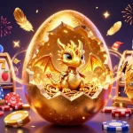 Putar mesin slot emas dan saksikan naga bayi bersinar di antara chip poker.
