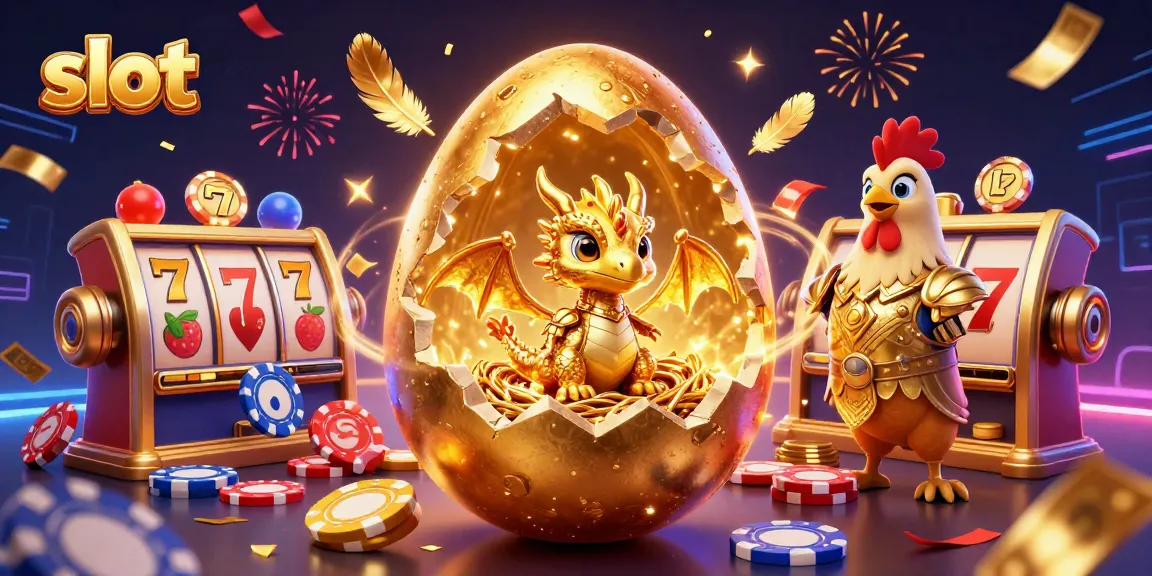 Putar mesin slot emas dan saksikan naga bayi bersinar di antara chip poker.