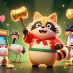 Illustration captivante du casino en ligne avec un tanuki chanceux et des maneki-neko sous un fond scintillant.