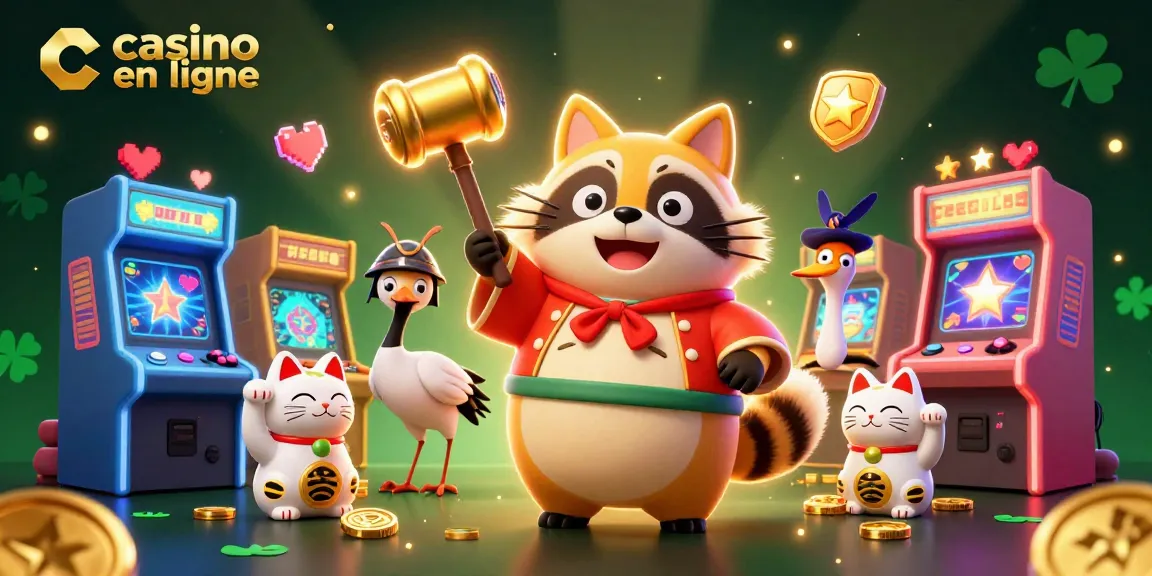 Illustration captivante du casino en ligne avec un tanuki chanceux et des maneki-neko sous un fond scintillant.
