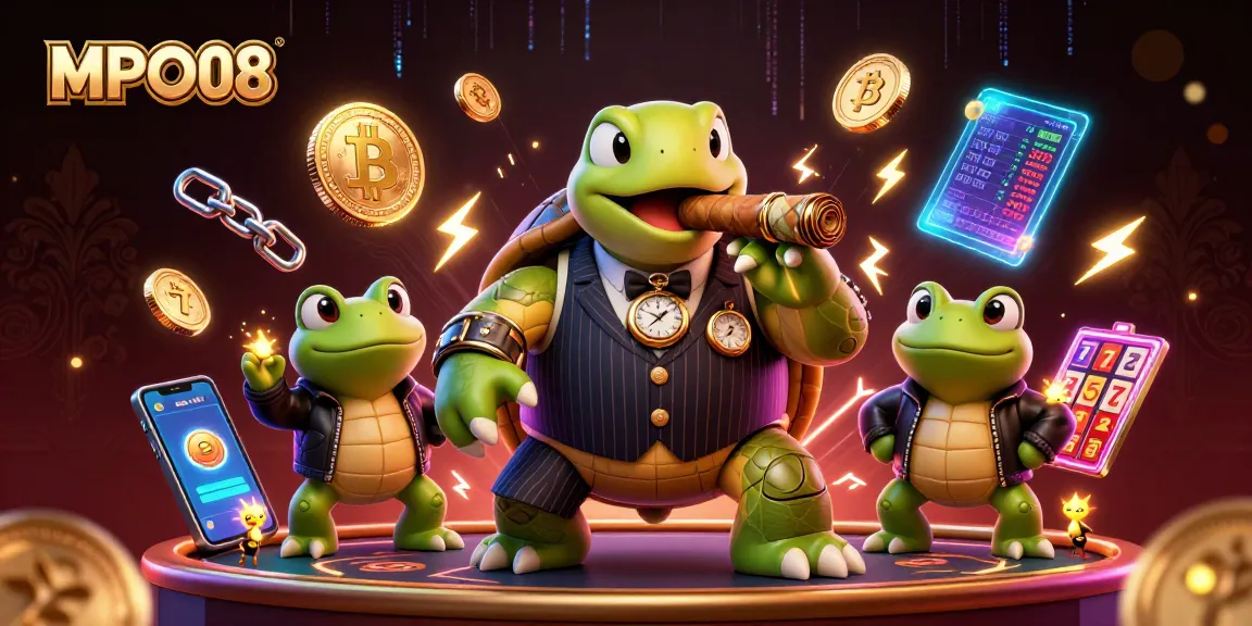 MPO08 games illuminated by dynamic casino elements, featuring a turtle mobster and bullfrog enforcers.