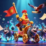 Visualisation dynamique d'un site de paris sportif avec un roi coq et des éléments de jeu lumineux.