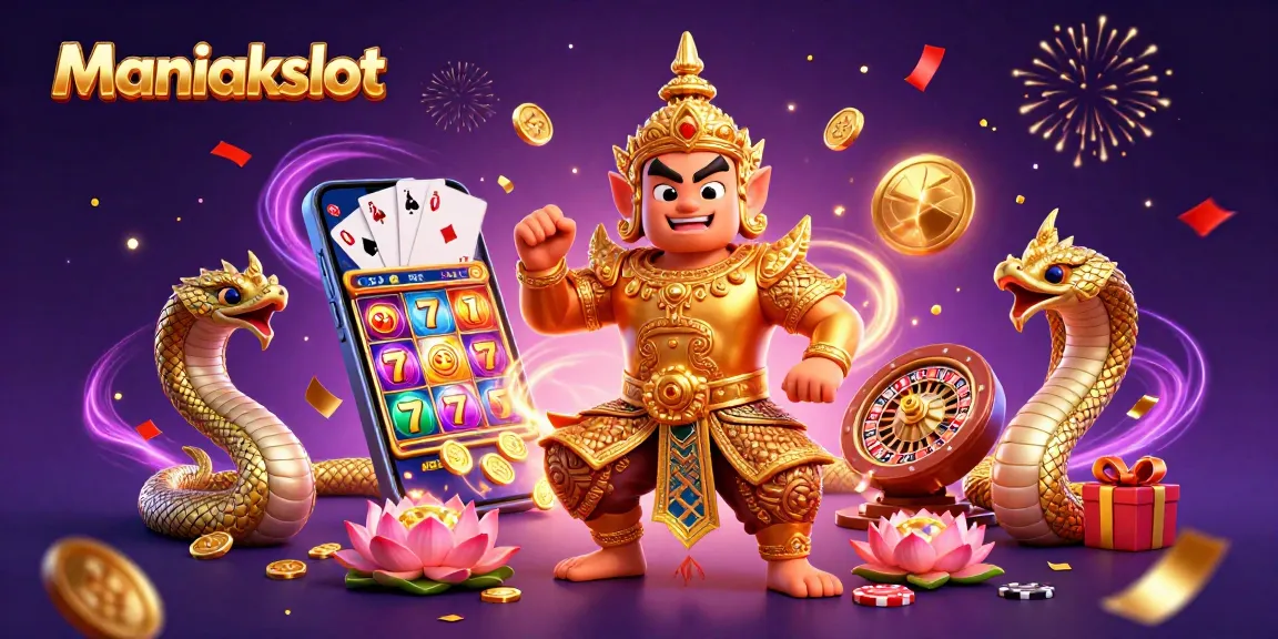 Spin big wins with Maniakslot in a vibrant 3D casino scene full of excitement and symbols!