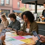 Busy urban scene of diverse individuals using BedPersonal for classified ads