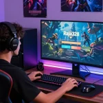 Excited gamer ready to login raja328, surrounded by gaming gear in a dimly lit room.