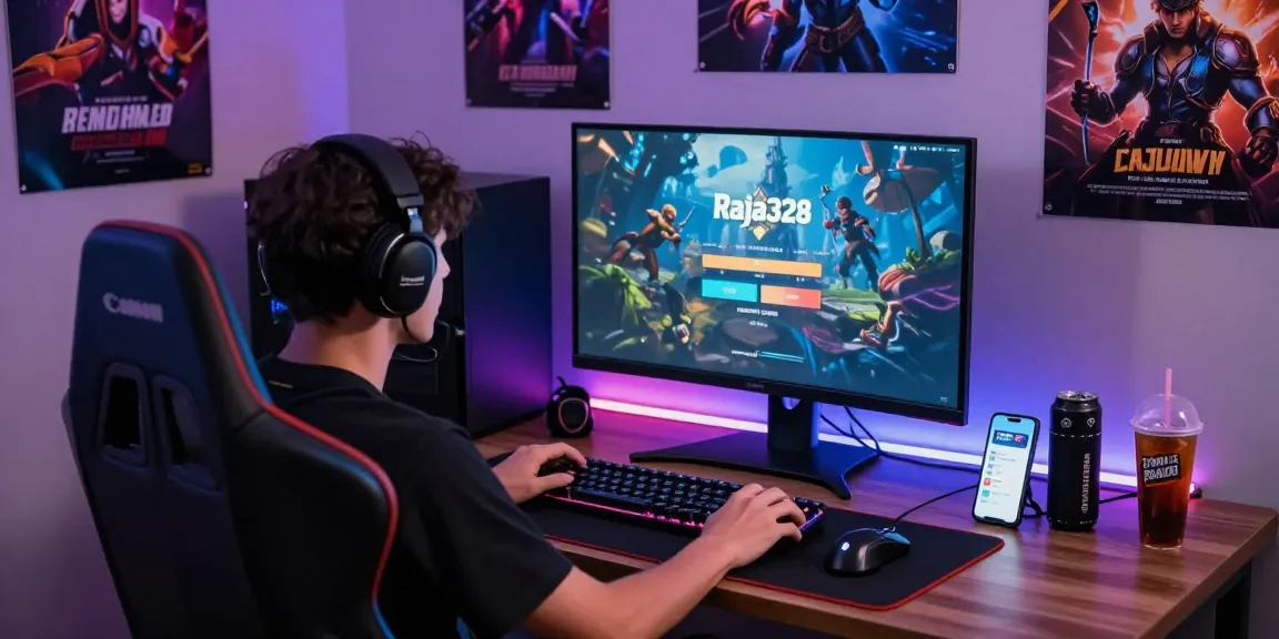 Excited gamer ready to login raja328, surrounded by gaming gear in a dimly lit room.