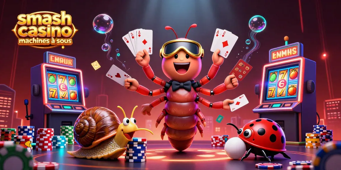 Visuel dynamique avec des machines à sous Smash Casino et des personnages colorés engagés dans le jeu.