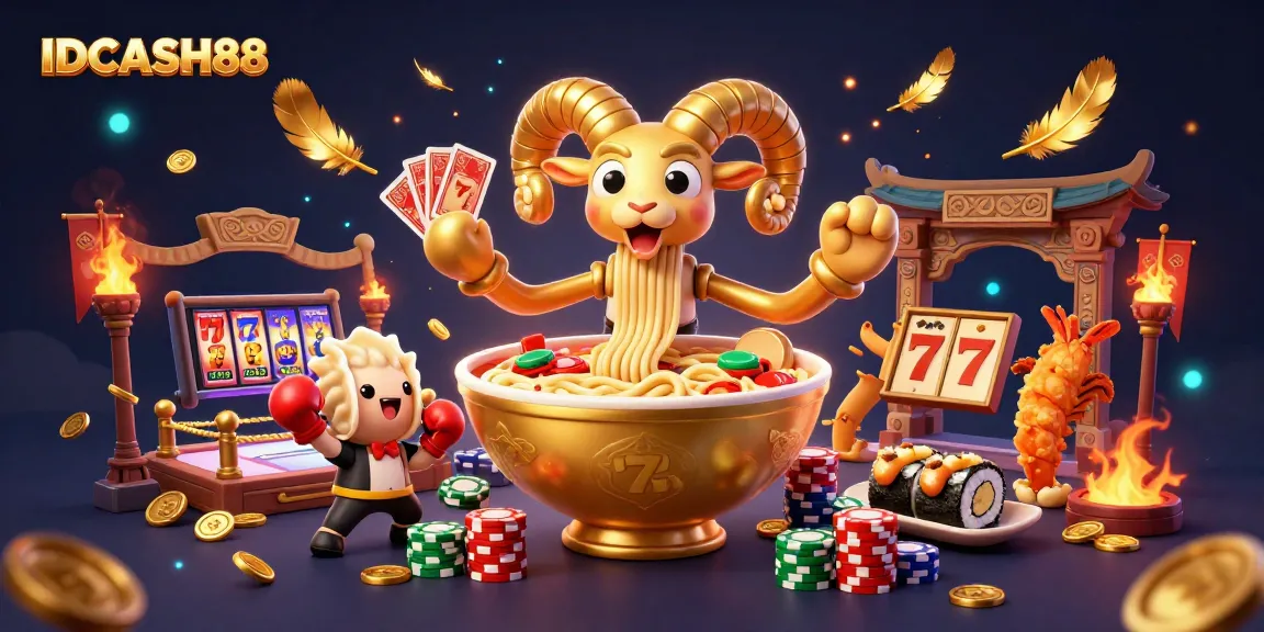 Experience exciting gameplay at IDCASH88 with a vibrant 3D casino illustration featuring dynamic characters and slot reels.