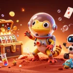 Les aliens célèbrent un jackpot au casino en ligne avec un gecko martien et un robot.