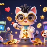 Engage with onlinegamebanca's thrilling gaming world in a vibrant 3D illustration.