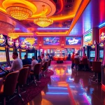 Memperkenalkan agen89 dengan suasana kasino yang hidup, ramai pemain dan mesin slot.