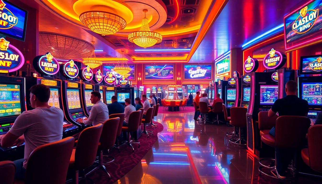Memperkenalkan agen89 dengan suasana kasino yang hidup, ramai pemain dan mesin slot.