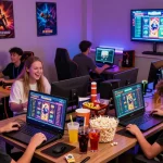 Playbook88 gamers enjoying an engaging online experience in a vibrant lounge setting.