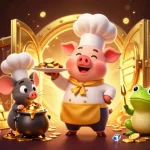 SUNWIN brings excitement with a chef pig serving gold coins in a dynamic casino scene.