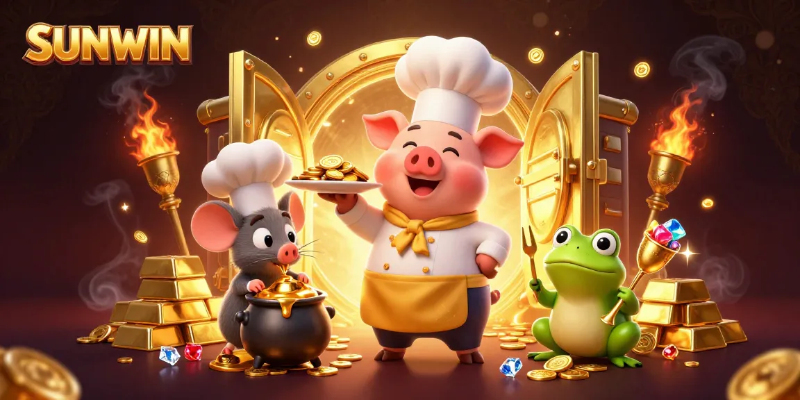 SUNWIN brings excitement with a chef pig serving gold coins in a dynamic casino scene.