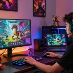 Gamer focused on Nagahitam303 Daftar download interface in a vibrant setting.