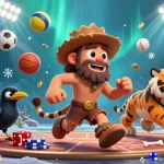 Engage in betting excitement with the OPEN88 Link as characters enjoy a dynamic prehistoric casino scene filled with sports elements.