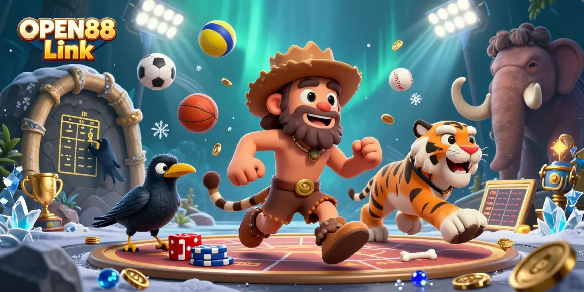 Engage in betting excitement with the OPEN88 Link as characters enjoy a dynamic prehistoric casino scene filled with sports elements.