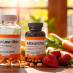 Showcasing a clean astaxanthin supplement bottle surrounded by colorful fruits, emphasizing health benefits.
