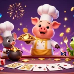 Engage in thrilling three-card-poker with stacks of colorful chips and golden coins cascading around