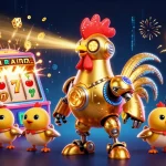 Casino en ligne : Illustration d'un robot coq doré et des drones jouant dans une scène de jackpot