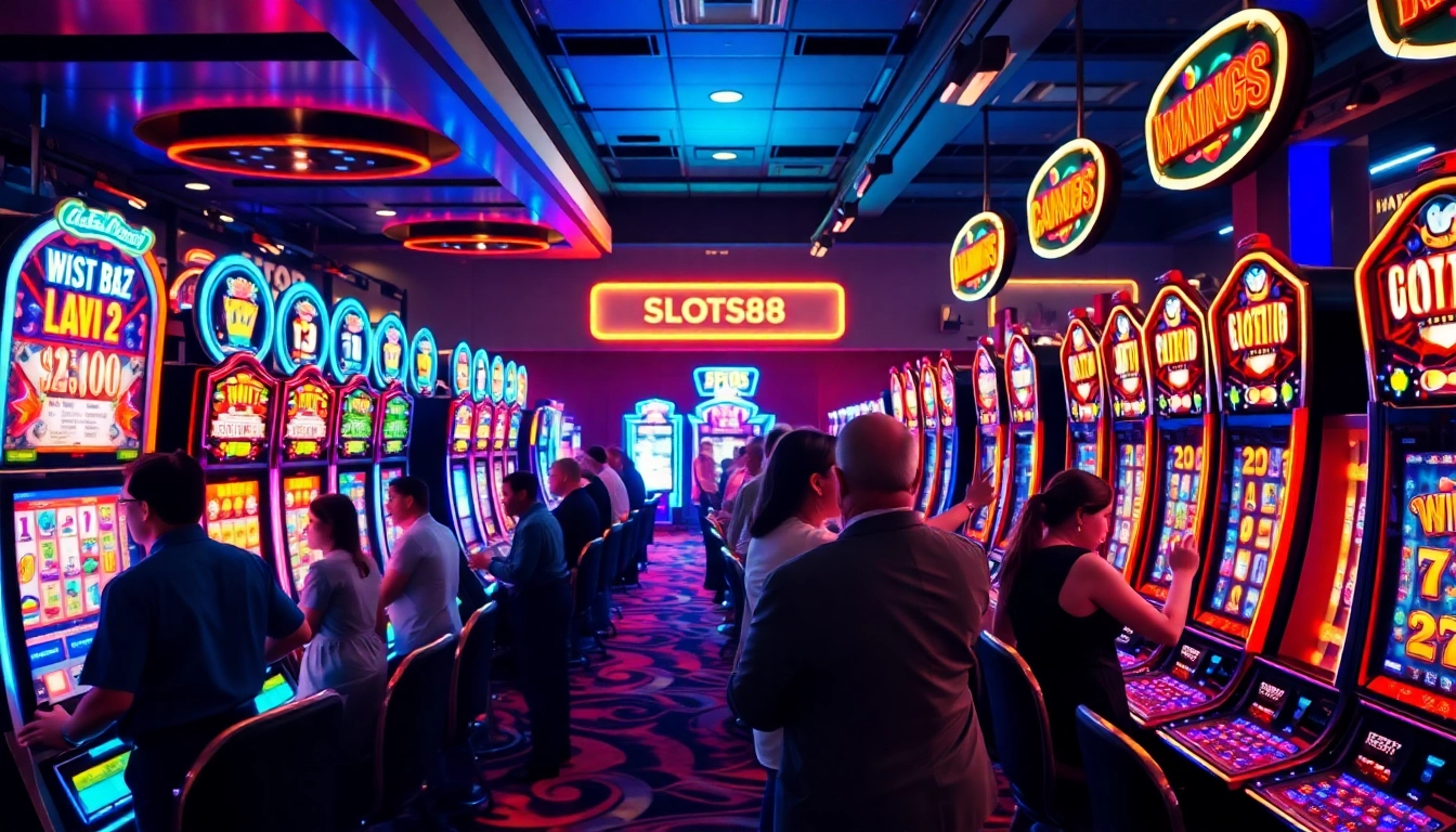 Menangkan slot88 di kasino penuh warna dengan mesin slot yang bersinar.