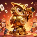 Profitez des jeux sur casino en ligne avec une illustration colorée d'un hibou doré et des machines à sous.