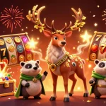 LUCKY77's vibrant illustration showcasing a druid and badger among slot reels, celebrating wins with dazzling coins.