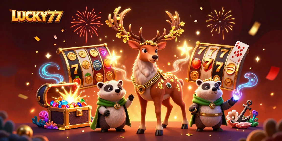 LUCKY77's vibrant illustration showcasing a druid and badger among slot reels, celebrating wins with dazzling coins.