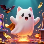 Experience the thrill of fly88 with a ghost cat and vampire bat in a vibrant casino scene filled with excitement.