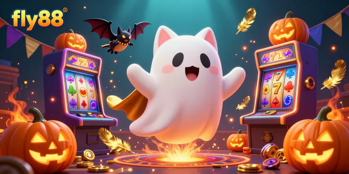 Experience the thrill of fly88 with a ghost cat and vampire bat in a vibrant casino scene filled with excitement.