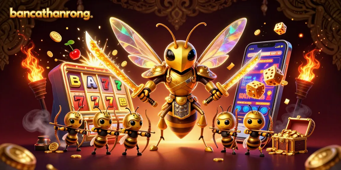 bancathanrong showcases a 3D golden hornet samurai amidst vibrant casino game elements for an engaging experience.