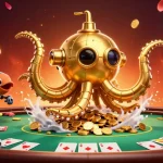 Le kraken doré surgit dans une mer de pièces d'or sur un casino en ligne animé.