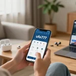 Aplikasi ufo777 di smartphone, pengguna menikmati pengalaman nyaman dalam lingkungan modern di ruang tamu.