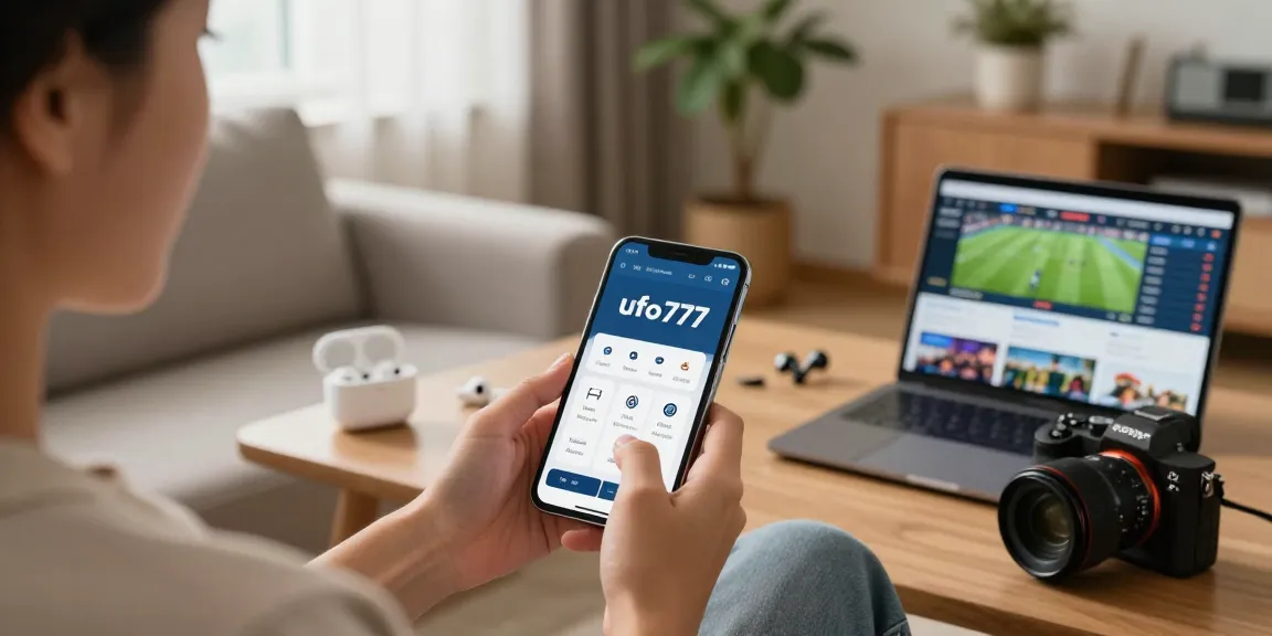 Aplikasi ufo777 di smartphone, pengguna menikmati pengalaman nyaman dalam lingkungan modern di ruang tamu.