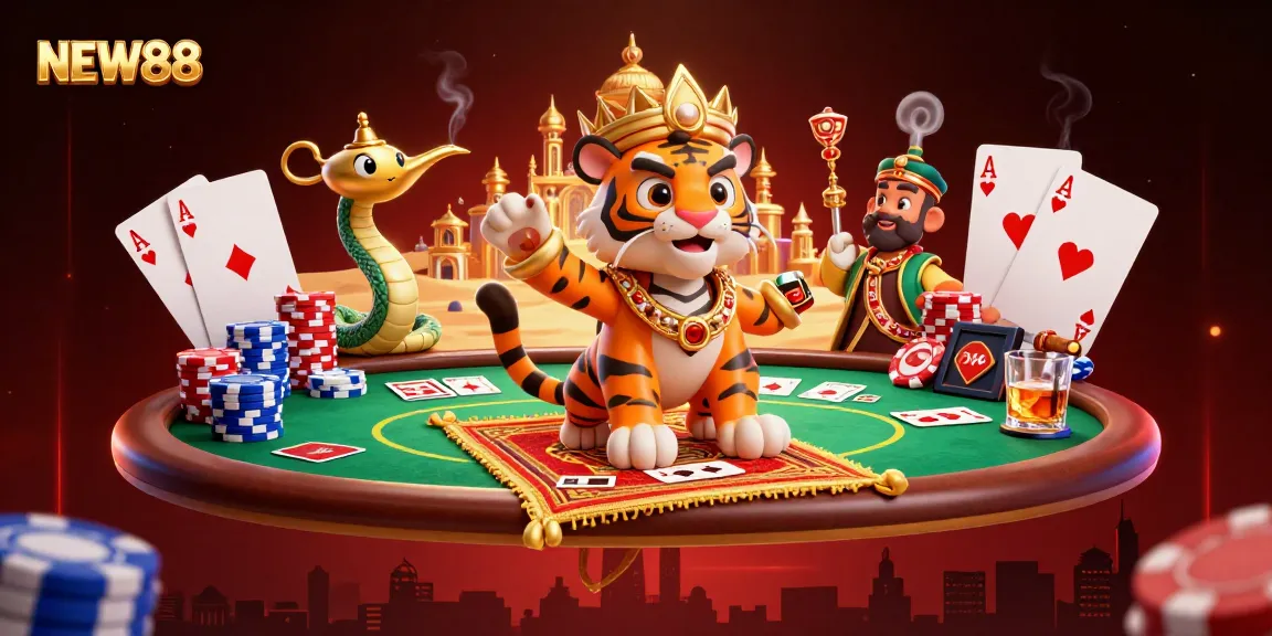 Experience the thrill of NEW88 gaming with vibrant casino elements and characters in an imaginative illustration.