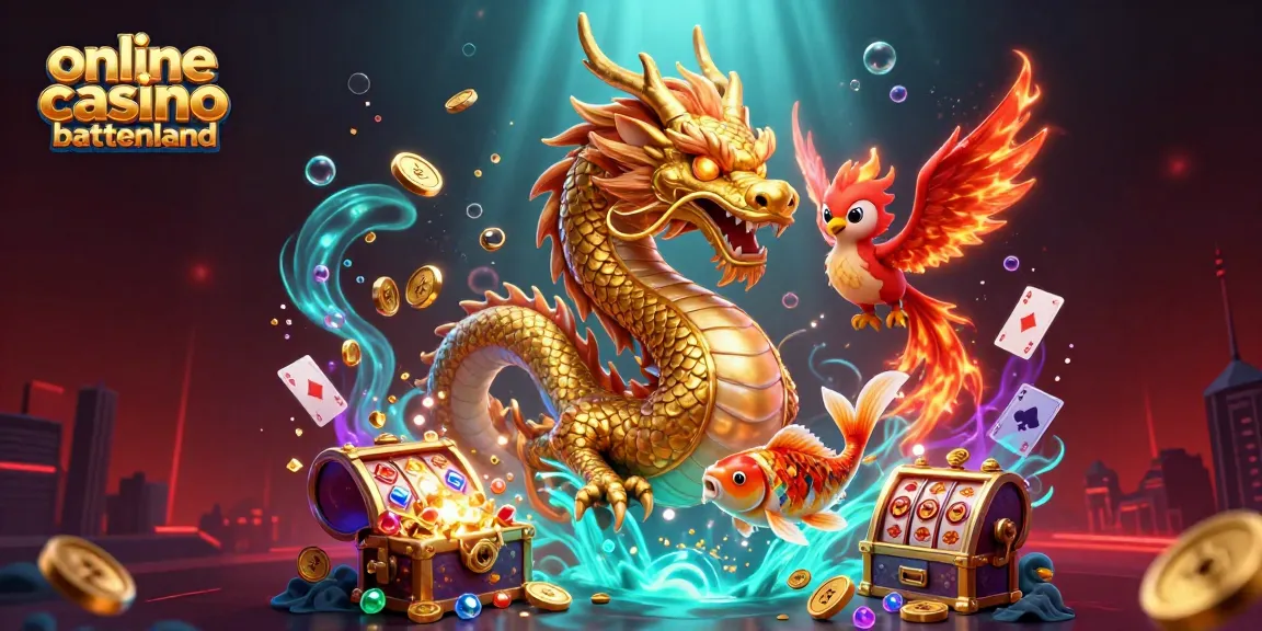 Engaging online casino buitenland scene showcasing a dragon, phoenix, and koi fish among casino treasures