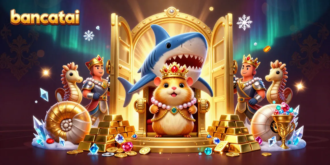 Play the bancatai slots with a golden hamster king amidst treasure galore and royal seahorse guards.