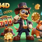 BBTN4D menghadirkan ilustrasi 3D karakter detektif dan bulldog di dunia slot dan jackpot.