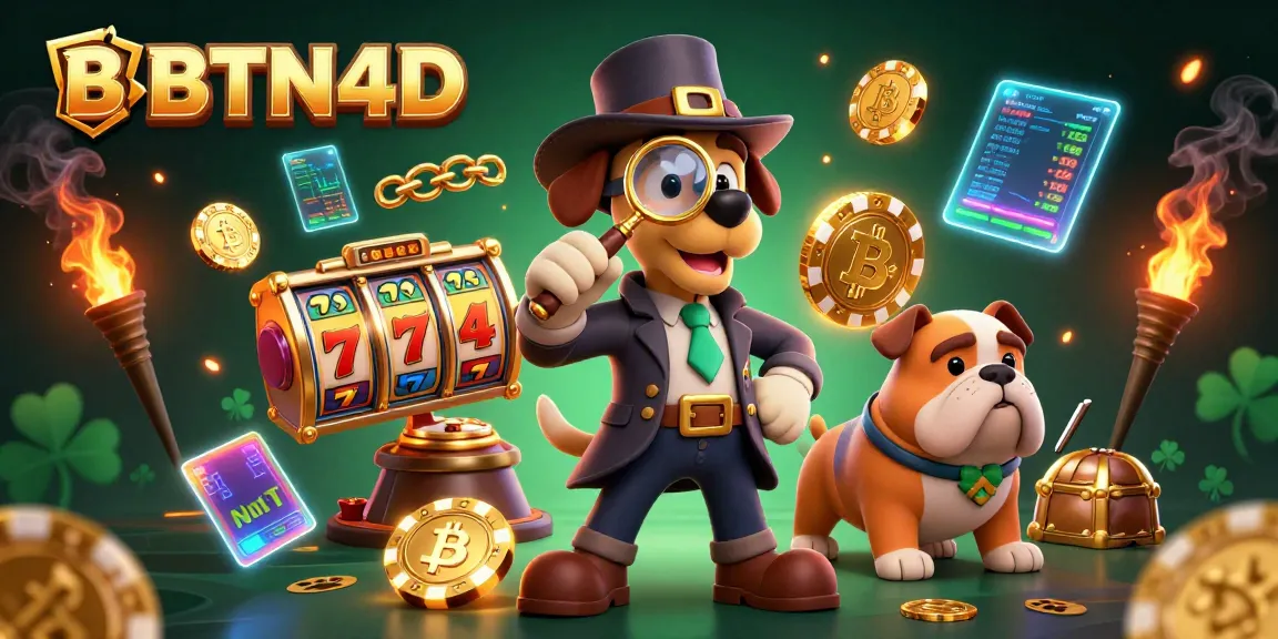 BBTN4D menghadirkan ilustrasi 3D karakter detektif dan bulldog di dunia slot dan jackpot.
