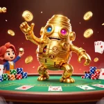 Engage with nhacaiuytinne's dynamic casino scene featuring a golden golem amidst vibrant poker elements.