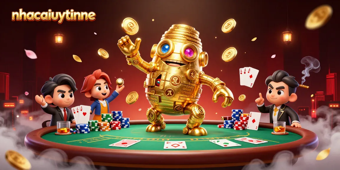 Engage with nhacaiuytinne's dynamic casino scene featuring a golden golem amidst vibrant poker elements.