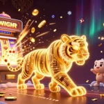 Découvrez une scène dynamique dans un casino en ligne avec un tigre doré et une machine à sous.