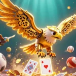 Image dynamique illustrant le casino en ligne avec un aigle cybernétique et des éléments sportifs en mouvement.