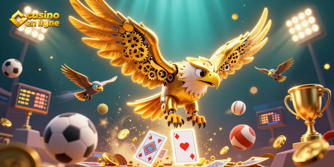 Image dynamique illustrant le casino en ligne avec un aigle cybernétique et des éléments sportifs en mouvement.