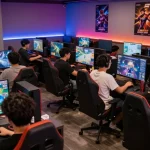 Thrilling gaming scene at https://naga2000.tech with players enjoying online games in a lively, illuminated lounge.