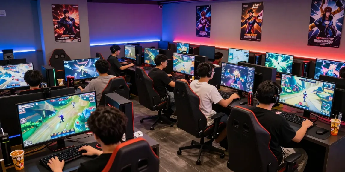 Thrilling gaming scene at https://naga2000.tech with players enjoying online games in a lively, illuminated lounge.